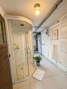 a bathroom with a shower with a glass enclosure at Wohnhaus mit besonderer Ausstrahlung in Bad Frankenhausen +10 photos