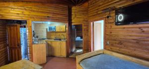 a kitchen with wooden walls and a television in a cabin at Lodge De Ñuble in Las Trancas