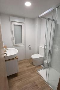 a bathroom with a toilet and a sink and a shower at AuraGalega Sagres in Ribeira