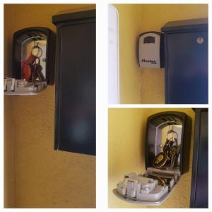 two pictures of a door with a phone on it at Casa Maite in Palamós