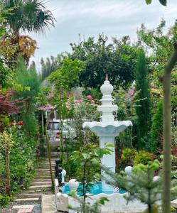 a white bird bath in a garden with a pool at SeGi Garden Home in Khobi +44 photos