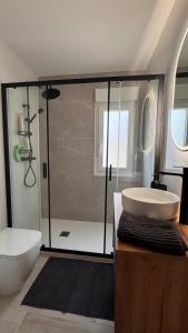 a bathroom with a shower and a sink and a toilet at AuraGalega Vionta in Ribeira +14 photos