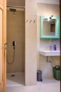 a bathroom with a shower and a sink at Apartmaji Skalabon - Milena in Kanal +14 photos