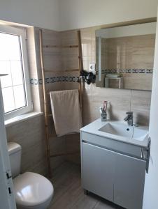 a bathroom with a sink and a toilet and a mirror at Vila les Roses Quartos Jardim e Montanha in Porches