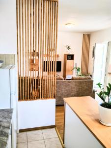 a kitchen and living room with a couch at Apartment Bay View in Kotor