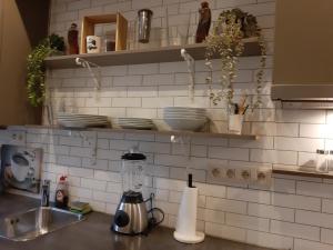 a kitchen counter with a blender on a counter top at Zen Olive Guest Room in Antwerp +31 photos