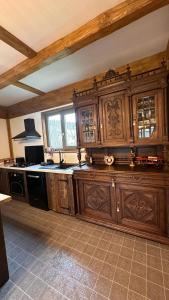 a large kitchen with wooden cabinets in a room at Cabana Pârâul Lupilor in Răchitiş