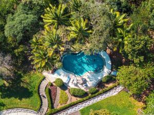 an overhead view of a swimming pool with palm trees at Reunion Wellness Resort & Retreats in Playa Danta