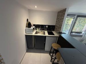 a small kitchen with a sink and a microwave at La cache cache in Saint-Géréon +7 photos