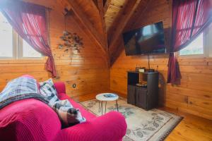 a living room with a red couch and a flat screen tv at The Nut House in Sevierville