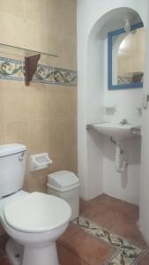 a bathroom with a white toilet and a sink at Posada Bugambilias in Catemaco