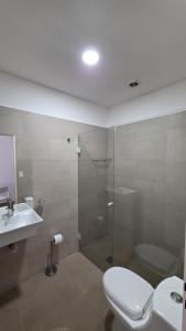 a bathroom with a toilet and a shower and a sink at Aparts Magallanes in Pilar +81 photos