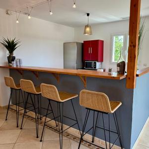 a kitchen with a counter with stools and a refrigerator at Villa Énalia in Barjac