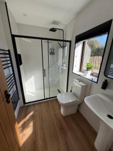 a bathroom with a toilet and a shower and a sink at Am Bothan - Pied-à-terre in Portree +27 photos