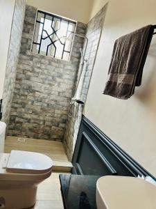 a bathroom with a toilet and a window at Hazina Homes in Boma la Ngombe