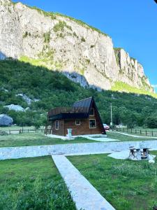 a small building in a field next to a mountain at Komarnica Forest Owl 1 in Šavnik