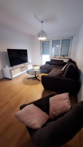 a living room with two couches and a flat screen tv at Messe-Badische SBB- grosse Wohnung in Basel