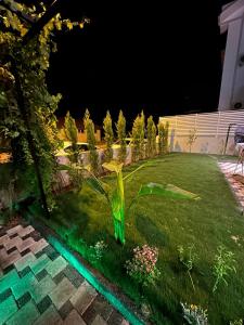 a garden with a plant in the grass at night at Alas Garden City Apartment Fethiye in Fethiye
