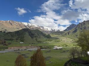 a view of a valley with a river and mountains at Tera Cottages kazbegi in Kazbegi