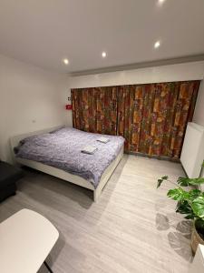a bedroom with a bed and a curtain at The Wandering House in Tremelo