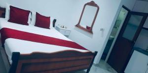 a bedroom with a bed with red pillows and a mirror at Guest House Luani in Ksamil