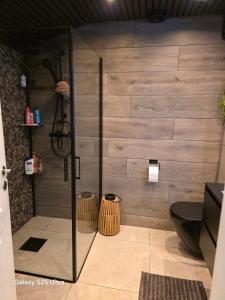 a shower in a bathroom with a wooden wall at Kristiansand Mosby1 in Kristiansand +8 photos