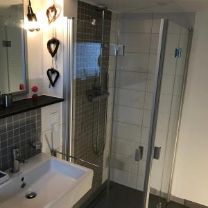 a bathroom with a sink and a shower at Wander- und Aktivchalet in Birkenfeld