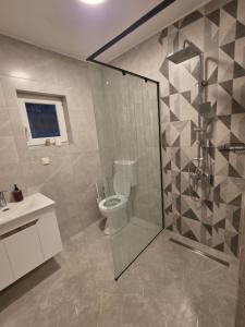a bathroom with a shower with a toilet and a sink at Vikend Kuca Okanovic in Gradačac