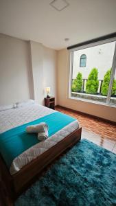 ein Schlafzimmer mit einem Bett und einem großen Fenster in der Unterkunft Hotel Shannon360 in Santa Rosa