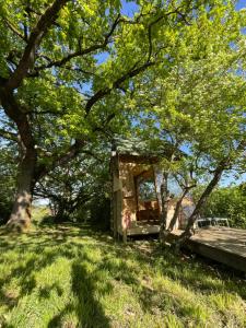 a tiny house in the grass under a tree at Cabane Bivouac avec échelle à l'ombre des chênes in Idrac-Respailles