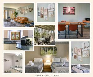 a collage of pictures of a living room and dining room at Tremblant Ski Condo, Arcade Games & Parking in Mont-Tremblant