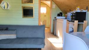 a living room with a couch in a tiny house at Elimar Ocean View in Valdivia