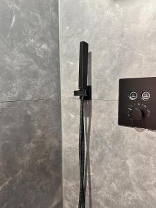 a control panel on the wall of a shower at Modernes Apartment am Bodensee in Singen +34 photos