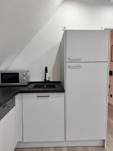 a white kitchen with a sink and a microwave at Modernes Apartment am Bodensee in Singen