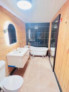 a bathroom with a tub and a sink and a toilet at Beautiful cabin surrounded by nature in Catskill +29 photos