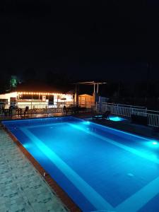a swimming pool at night with blue lights at FINCA HOTEL GUADUAL Quindío in Quimbaya