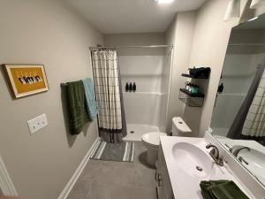 a bathroom with a shower and a toilet and a sink at Tide's Turn Retreat in Cedar Point