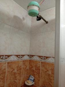 a bathroom with a shower with a toilet and a light at hospedaje dorado engativá in Bogotá +17 photos