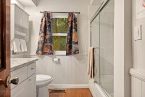 a bathroom with a shower and a toilet and a window at SPSL Lake Arrowhead llc in Lake Arrowhead +30 photos