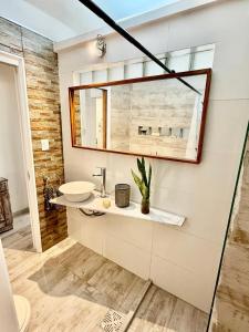 a bathroom with a sink and a mirror at Mini departamento LUMIC II in Santa Fe