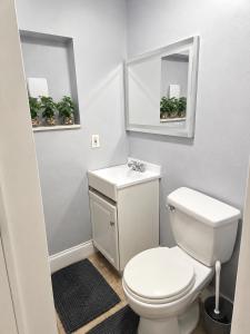 a bathroom with a toilet and a sink and a mirror at Private Guest Suite with Separate Entrance & Kitchen in Lauderdale Lakes