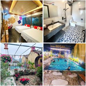 a collage of pictures of a hotel with a swimming pool at Hang Mua Bungalow in Ninh Binh