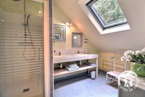 a bathroom with a sink and a shower at Le moulin de blochet in Saint-Erblon