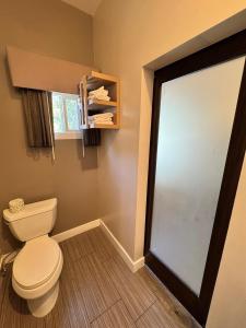 a bathroom with a toilet and a large mirror at Granada Inn in Granada Hills
