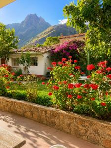 a house with flowers in a yard with mountains in the background at Luz y Amistad - Pisac in Pisac