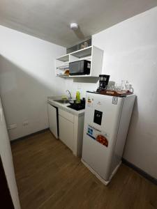 a small kitchen with a stove and a refrigerator at Monoambiente 101 in Trujillo