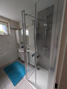 a bathroom with a shower and a blue rug at Ferienwohnung am Waldrand, Hitzacker in Hitzacker +8 photos