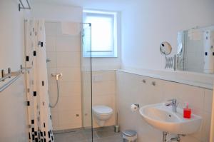 a bathroom with a toilet and a sink and a shower at OMNI - Homes - Waldstraße in Falkensee
