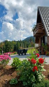 a garden with a table and flowers in front of a house at Căbănuța Busuioc Colibita in Bistriţa Bîrgăului