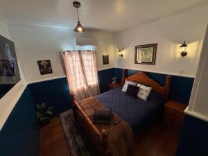 a bedroom with a bed and a blue wall at Tin Town suites in Herberton